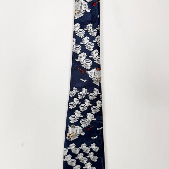 After Dark Men’s Neck Tie 3 3/4” Navy Blue Silk “Flying Toilets” Novelty Necktie - Picture 3 of 11